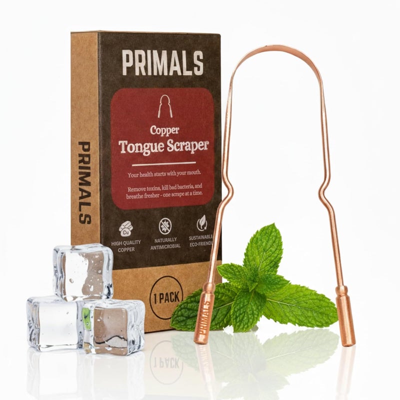 PRIMALS Copper Tongue Scraper - Fresher Breath & Improved Oral Health - Natural Ayurvedic Cleaner for Daily Detox - Rust-Resistant, Eco-Friendly with Travel Cloth Pouch Included (1 Count) - Image 1